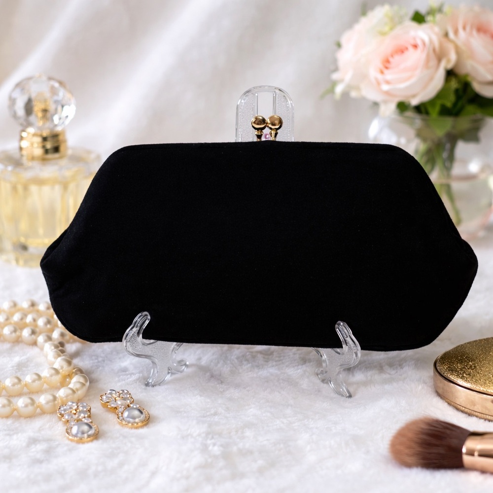 Vintage Black Velvet Clutch Gold Frame Kiss Lock Evening Bag
